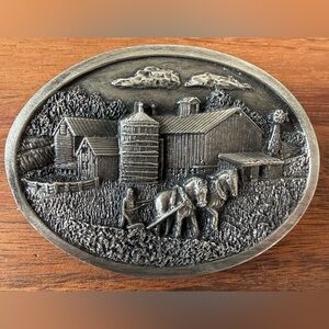 VTG Bergamot Brass Works Silver Tone Farm Scene Belt Buckle Horses Farmer